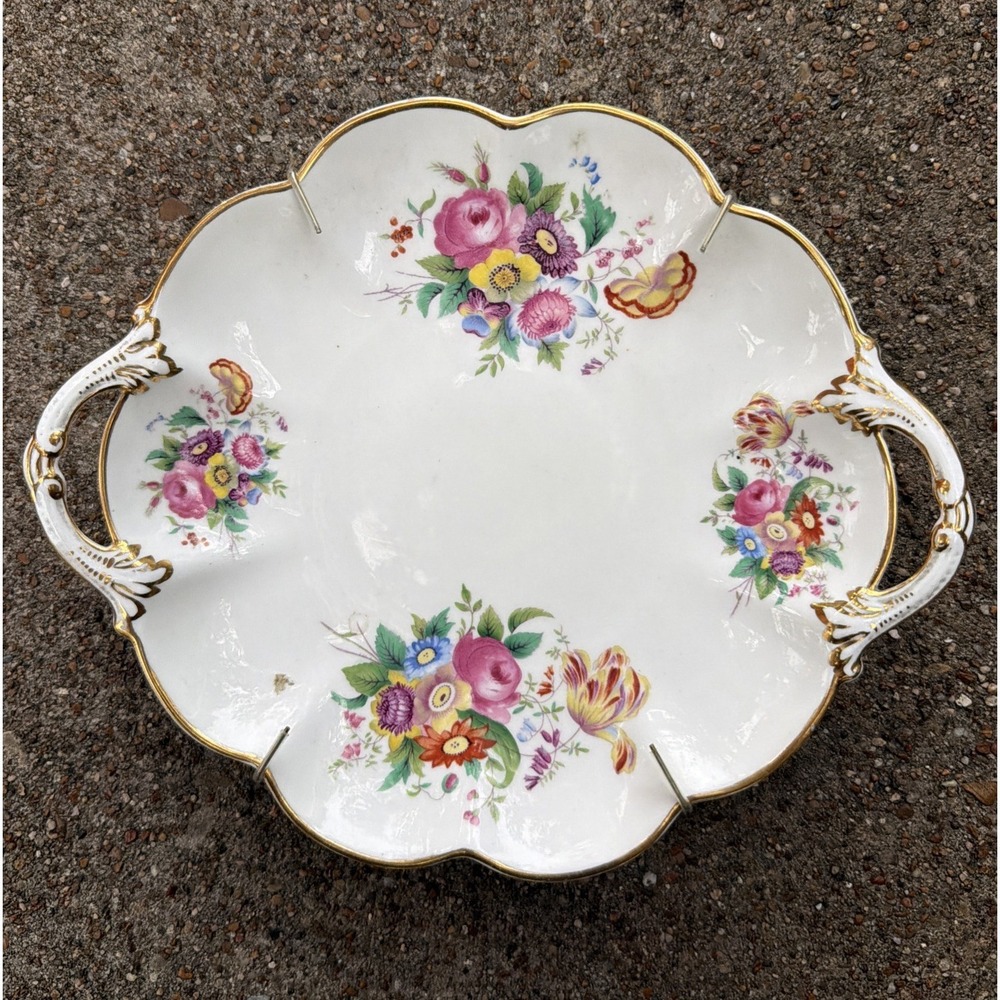 Vintage Crescent England Floral Handled Serving Dish Gold Gilt Wall Pocket Plate
